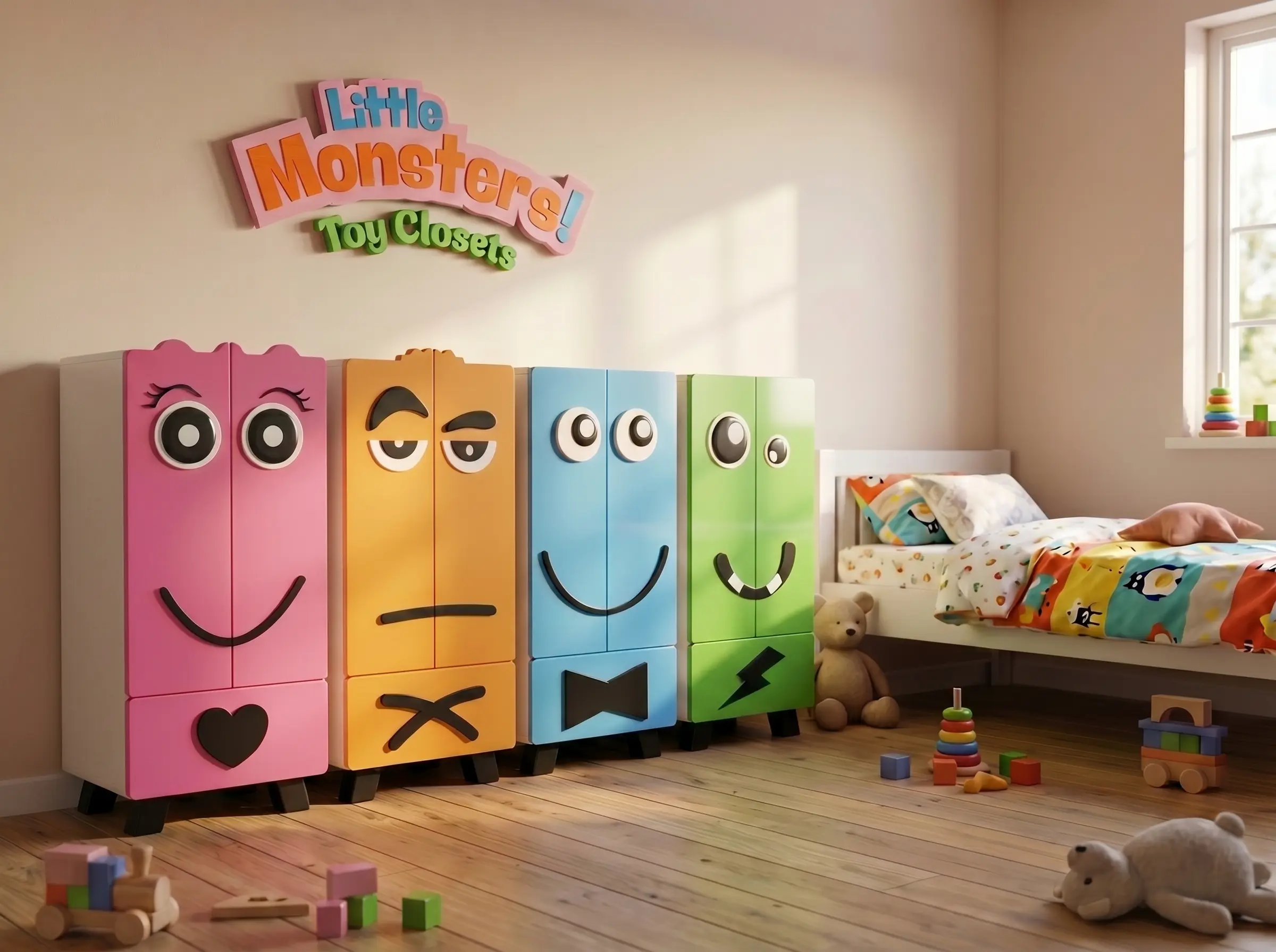 All four Little Monsters in a bedroom